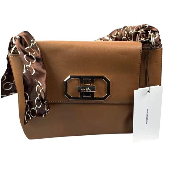 Nicole Miller Brown Vegan Leather Shoulder Bag With Gold Twist Lock Scarf Handle - Picture 1 of 9